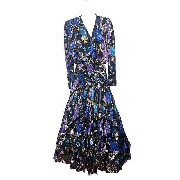 VTG 80s Diane Freis Black Metallic Floral Midi Maxi Dress Women’s S/M